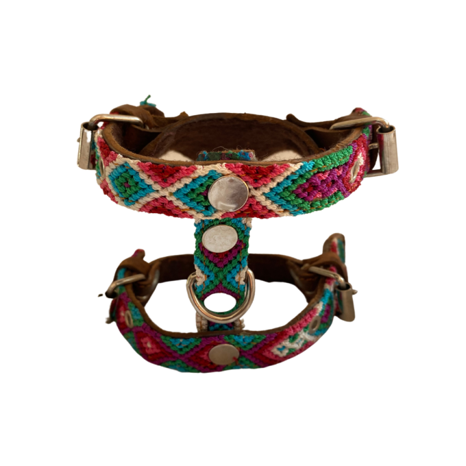 Arnés artesanal para mascotas XS azul y rosa