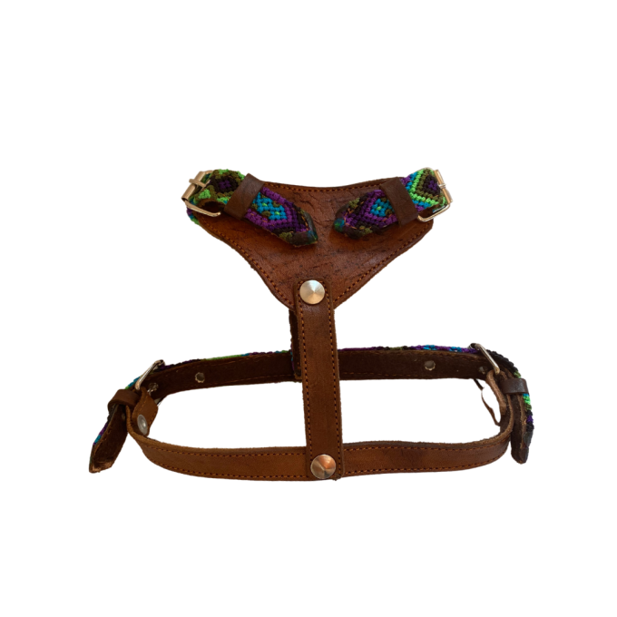 Arnés artesanal para mascotas S morado y verde