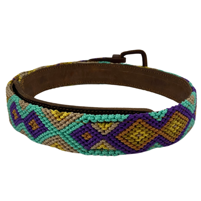 Cinturón Tzotzil multicolor con cuero 85 cm a 95 cm M