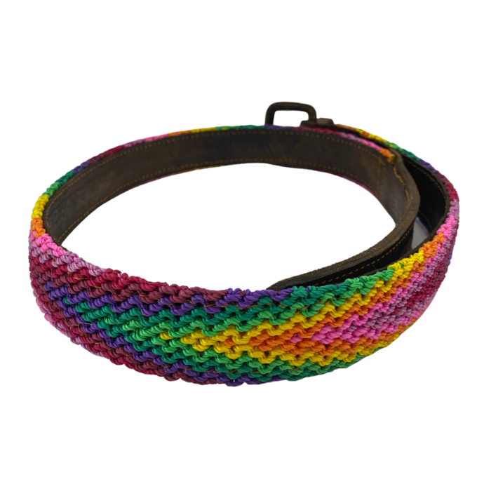 Cinturón Tzotzil multicolor con cuero 85 cm a 95 cm M